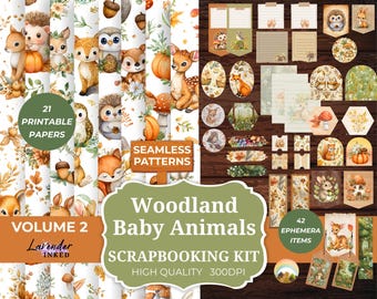 May include: A scrapbook kit titled "Woodland Baby Animals" with 21 printable papers and 42 ephemera items. The design features watercolor illustrations of forest animals, pumpkins, and mushrooms in a fall color palette. The text "Volume 2" and "Lavender Inked" are also visible.