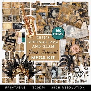 Può includere: Un kit digitale per junk journal contenente 160 elementi a tema jazz e glamour anni '20. La collezione include immagini di un sassofono, un pianoforte, orologi da taschino, piume nere e ritratti di donne in abiti vintage su carta color seppia.