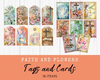 Faith and Flowers Junk Journal Tags & Cards, Prayer, Devotional, Religious, Spiritual, Printable Ephemera, Paper Craft, Collage, LV015