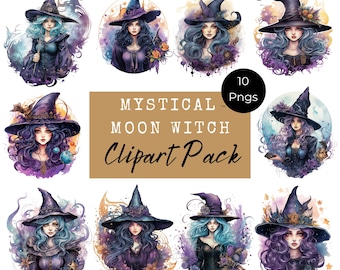 Clipart di stregoneria lunare mistica, mistico e magico, strega dell'acquerello, clipart strega, clipart magica, Wicca, pagana, uso commerciale, LV006