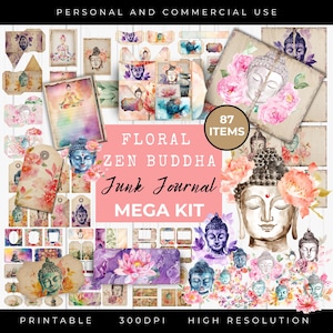 Kit de journal indésirable floral bouddha zen, papiers imprimables, étiquettes, éphémères, folio, créations en papier, feuille de collage, usage commercial, spirituel, LV008