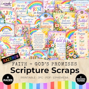 Può includere: Una collezione di effimeri stampabili con illustrazioni colorate di arcobaleni, fiori e soli con testi religiosi tra cui "He who promised is faithful", "Rise in hope" e "Faithful Always" su varie etichette.