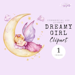 Verträumtes Mädchen Clipart Aquarell, EINZELBILD, kommerzielle Lizenz, transparentes Png, Baby, Mond, Kinderzimmer, Einladung, bedruckbar, digitale Kunst