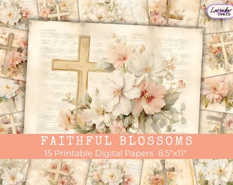 Faith Junk Journal Pages, Christian Journal Pages, Digital Printable Paper, Devotional, Prayer, Cross, Religious, Floral, Paper Craft, LV036