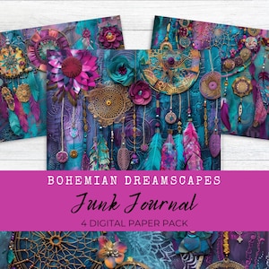 Boho Dreamcatcher Junk Journal Papers, Digitale dagboekpagina's, Paper Craft, Collageblad, Paarsroze Wintertaling, Boho, Commercieel gebruik, LV020