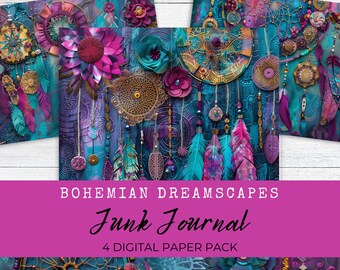 Bohemian Dreamcatcher Junk Journal Papers, Digital Journal Pages, Paper Craft, Collage Sheet, Purple Pink Teal, Boho, Commercial Use, LV020