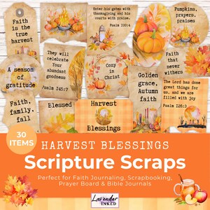 May include: A selection of harvest-themed scripture scraps featuring autumnal imagery. Designs include pumpkins, leaves, and text such as "Harvest Blessings" and Bible verses. Suitable for faith journaling and scrapbooking.