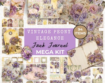 May include: A junk journal mega kit featuring 94 items with vintage peony floral patterns, butterflies, and damask motifs in shades of purple, cream, and gold. The collection includes printable tags, envelopes, lined pages, and decorative ephemera.