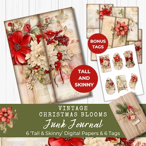 Vintage Blooms, Junk Journal Papiere, Poinsettia Seiten, Journal Tags, Digitales Papier, Floral Printables, Weihnachten, Geschenk Anhänger