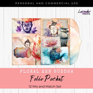 Floral Zen Buddha Folio Printables, Junk Journal, 12-delig Mix & Match-zakje, Ephemera, Paper Craft, Collagevel, Commercieel gebruik, LV008
