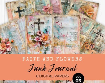 Faith Junk Journal Papers, Digital Journal Pages, Devotional, Prayer, Christian, Religious, Bible, Floral, Printable, Collage Sheet, LV015