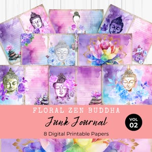 Floral Zen Buddha Junk Journal Paper, spiritueel dagboek, lotus, digitaal papier, afdrukbaar, dagboekpagina's, aquarel, collageblad, LV008
