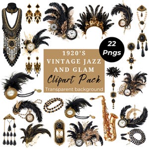 1920s Vintage Jazz Glam Clipart, Clip Art, Black and Gold, Flapper Girls, Pngs, Fashion, Jewelry, Commercial Use, Retro, Invitation, LV003