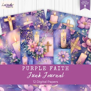 Purple Faith, Papiers de journal indésirable, Pages de journal numérique, Dévotion, Prière, Chrétienne, Croix florale, Bougies, Papier imprimable, Arrière-plan