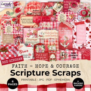 May include: A collage of red and white scripture scraps with inspirational quotes and religious imagery. The design includes gingham patterns, floral accents, and phrases like "Faith," "Hope," and "Courage." The text "Scripture Scraps" is prominently displayed.