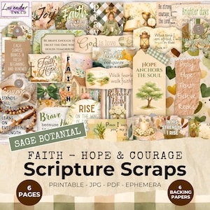 May include: A collection of printable digital ephemera featuring faith-themed scripture scraps, botanical illustrations, and inspirational text. The collage includes images of lanterns, trees, crosses, and bibles in sage green and neutral earth tones.