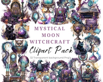 May include: A digital clipart pack featuring 32 images of mystical moon witchcraft elements. The images include owls, ravens, cats, potions, books, and more. The images are in a purple, blue, and gold color scheme. The text "Mystical Moon Witchcraft Clipart Pack" is included in the image.
