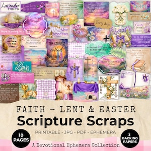 May include: A collection of printable digital ephemera featuring religious themes for Lent and Easter. The set includes various rectangular and shaped cards with watercolor illustrations of crosses, lambs, flowers, and scripture text in English.