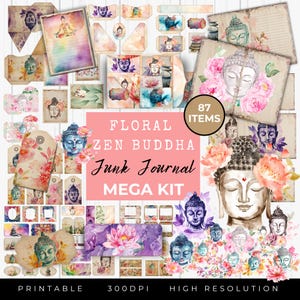 Floral Zen Buddha Junk Journal Kit, Printable Papers, Watercolor Floral, Tags, Ephemera, Boho Spirituality, Meditation, Paper Craft, LV008
