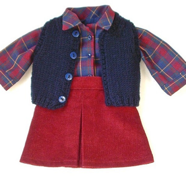 American Girl doll corduroy skirt, plaid shirt and sweater vest