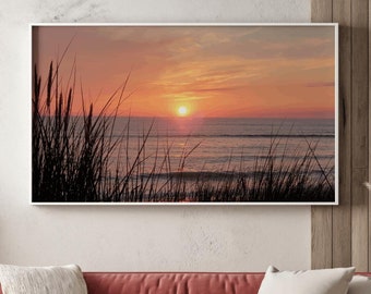 Westkust zonsondergang fotografieprint, duingras natuurkunst (digitale download)