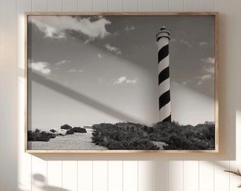 Zwart-wit vuurtorenfotografie, kustlandschapsprint (digitale download)