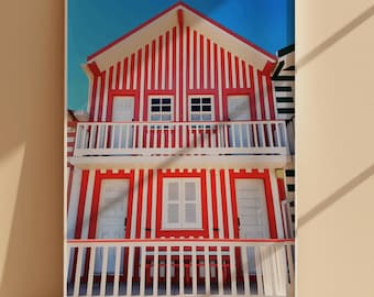 Costa Nova Portugal-print, rood gestreept strandhuisfotografie (digitale download)