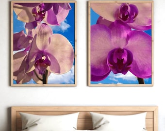 Roze orchidee collage muurkunstprints, boho modern decor (digitale download)