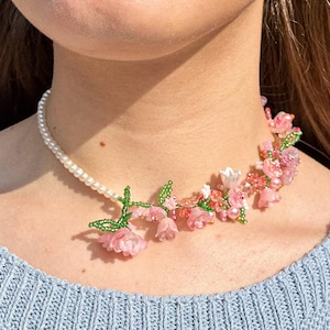 lily of the valley necklace, whimsical jewelry, dainty necklace, fairycore choker, artisan lampwork bead necklace, mixed media jewelry
