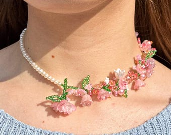 lily of the valley necklace, whimsical jewelry, dainty necklace, fairycore choker, artisan lampwork bead necklace, mixed media jewelry
