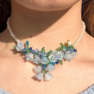 lily of the valley necklace, whimsical jewelry, dainty necklace, artisan lampwork bead necklace, mixed media jewelry, statement necklace