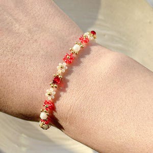 ruby bracelet, ruby bead bracelet, red bracelet, daisy bracelet, flower girl bracelet, crystal bracelets, gift for her, gift ideas
