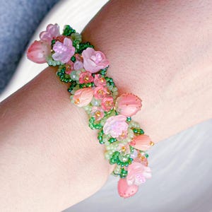 lily of the valley bracelet, whimsical jewelry, fairy garden bracelet, lampwork bracelet, cherry blossom, cottagecore jewelry, gift ideas