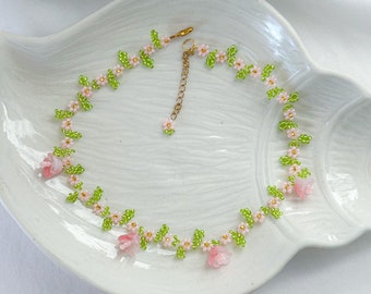 Sakura necklace, lily of the valley necklace, fairy core jewelry, pink daisy necklace, artisan lampwork bead necklace, gift for her