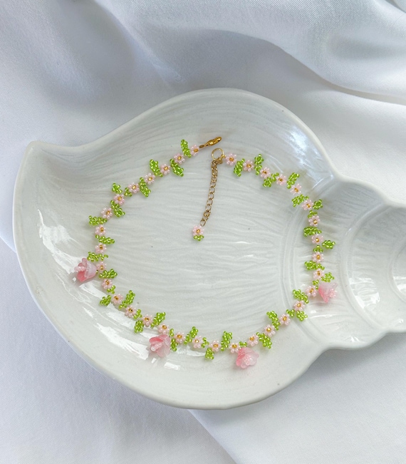 Sakura necklace, lily of the valley necklace, fairy core jewelry, pink daisy necklace, artisan lampwork bead necklace, gift for her
