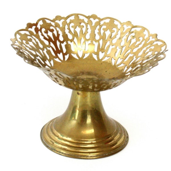 Small Vintage Brass Pedestal Bowl with Ornate Filigree Design (Made in England)