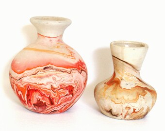 Pair of Vintage Nemadji Pottery Vases with Marbled Finish in Hues of Red, Orange, & Brown
