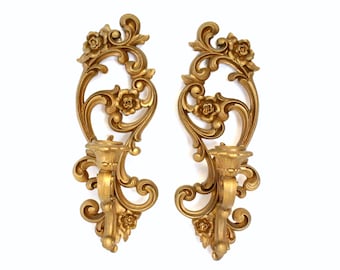 Pair of Vintage Ornate Gold Wall Sconce Candle Holders by Homco 1971