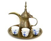 Arabic Coffee Serving Set which Includes Brass Dallah with Six Small Blue White Ceramic Cups on Round Etched Brass Tray