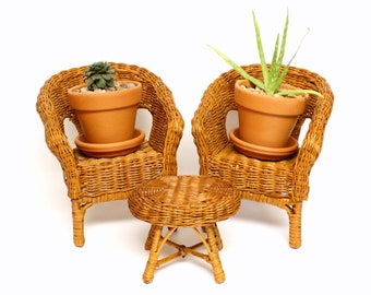 Three Piece Set of Doll Size Wicker Furniture (Two Chairs and One End Table)