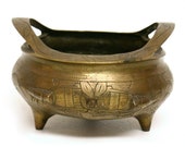 Large Vintage Brass Chinese Censer Style Vessel with Footed Base Handles