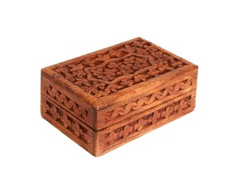 Vintage Wooden Trinket Storage Box with Carved Floral Motif & Hinged Lid (Made in India) - As Is