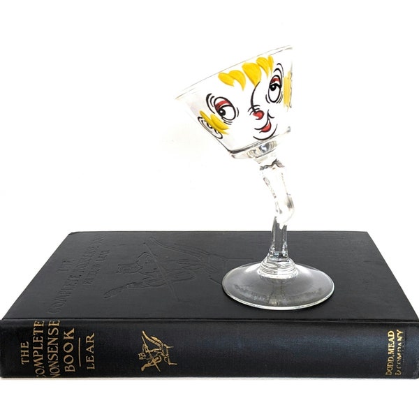 Vintage Novelty Tipsy Drinking Glass with Crooked Stem & Hand Painted Face