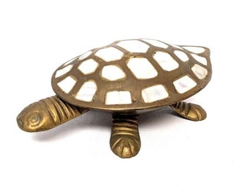 Vintage Brass & Mother of Pearl Turtle Shaped Trinket Box with Hinged Lid