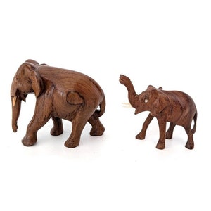 Pair of Small Vintage Carved Wooden Elephant Figurines