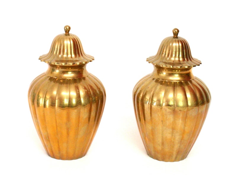 Matching Pair of Large Vintage Brass Jars with Ribbed Texture & Removable Lids shops with Scalloped Edges