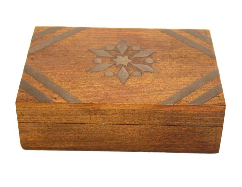 Vintage Wooden Storage Box With Inlaid Brass Design On Lid Image 0