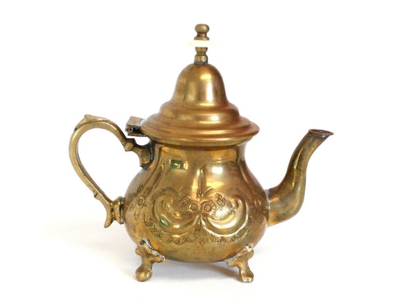 Vintage Brass Teapot With Ornate Embossed Design, Hinged Lid, & Footed Base  -  Sweden