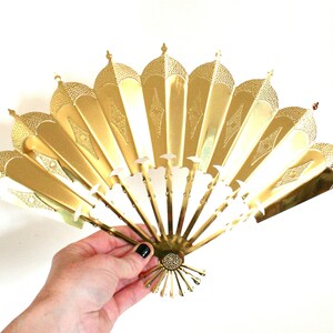 Set of Three Vintage Gold Tone Metal Fan Shaped Wall Hangings with Embossed Details One Larger, Two Smaller image 2