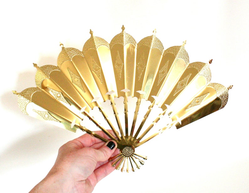 Set of Three Vintage Gold Tone Metal Fan Shaped Wall Hangings with Embossed Details One Larger, Two Smaller image 2